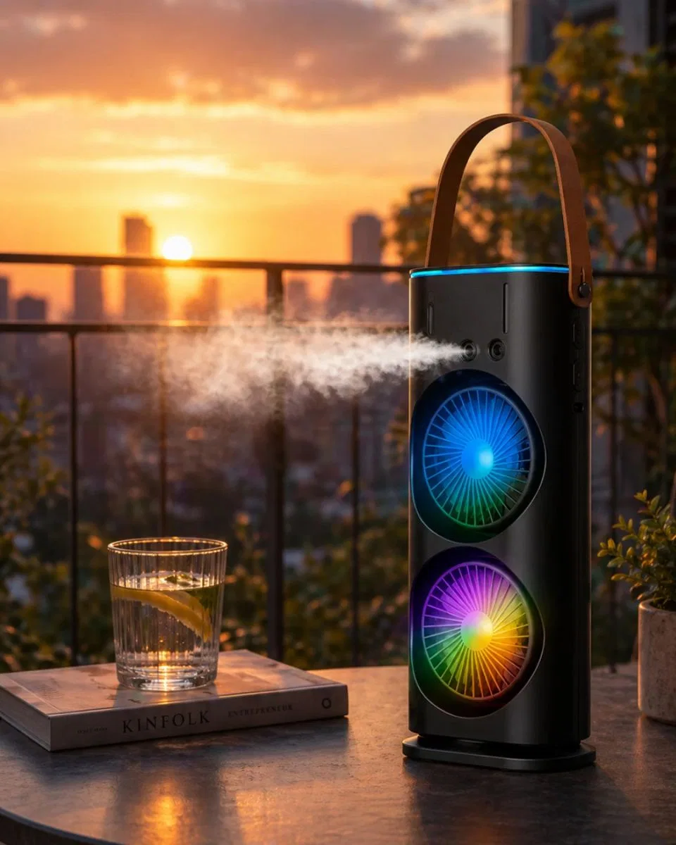 Şarjlı Buharlı Serinletici Fan Rgb Işıklı Çift Pervaneli Masa Fanı