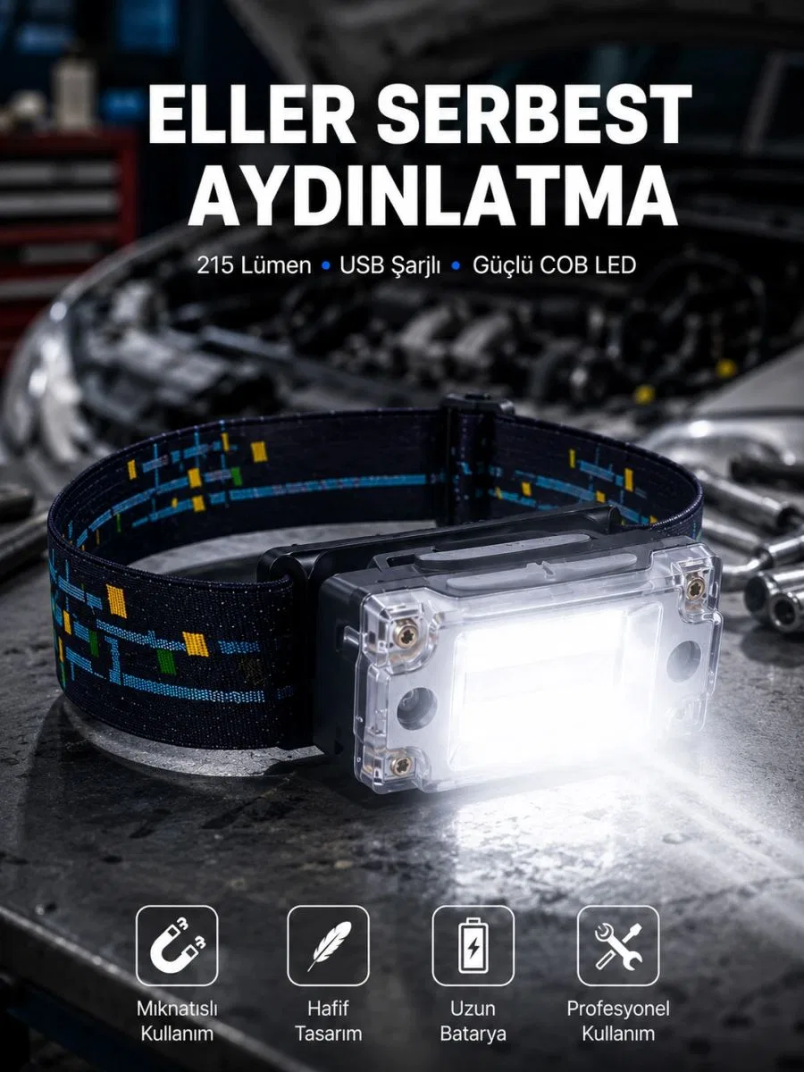 Kompakt Led Kafs Feneri Usb Şarjlı Manyetik 2 Işık Modlu 215 Lümen Yeni Nesil