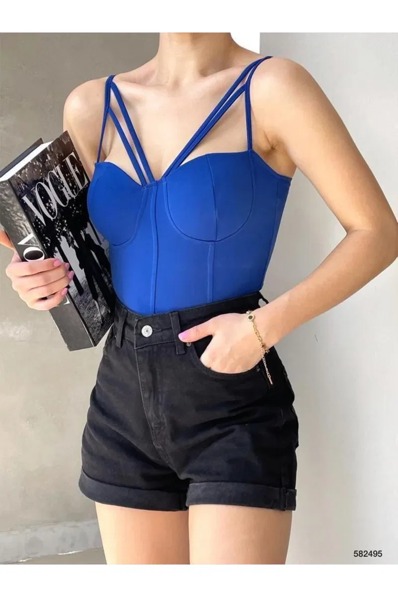 Kadın İşçilik V Yaka İnce Askılı Krep Kumaş Crop Büstiyer görsel 7