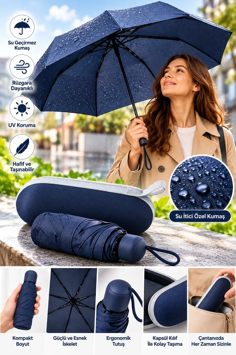 Pratik Taşınabilir Lacivert Kapsül Şemsiye Su İtici Kumaş Ergonomik Kullanım