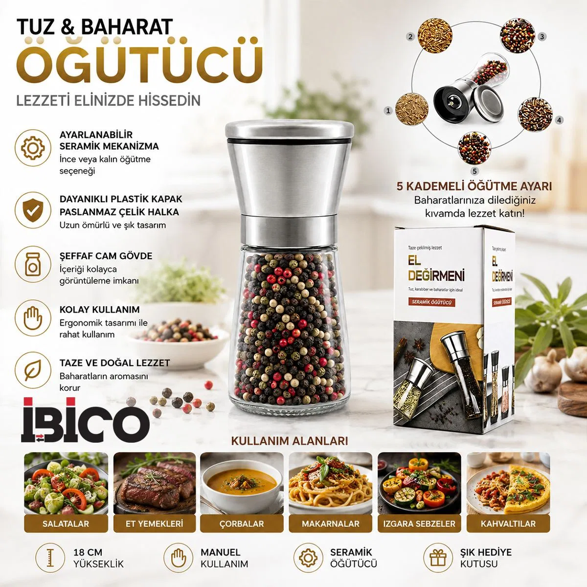 Mini Cam Hazneli Tuz ve Baharat Öğütücü - Krom Kaplama görsel 3