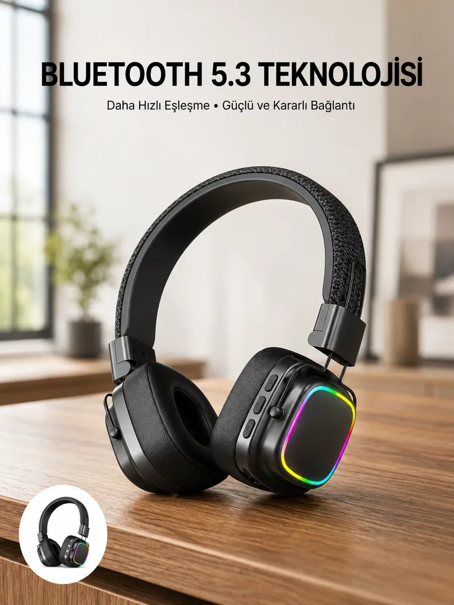 Renkli Işık Efektli Bluetooth 5. 3 Müzik Kulaklığı Yeni Nesil