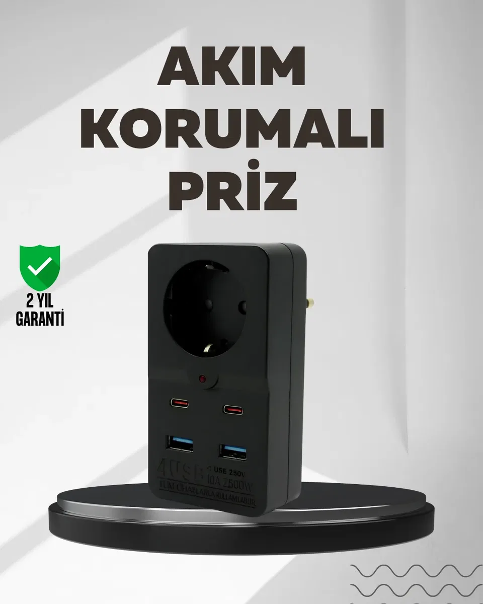 Tip Akım Koruma Prizi 10A 2500W USB Type C Destekli
