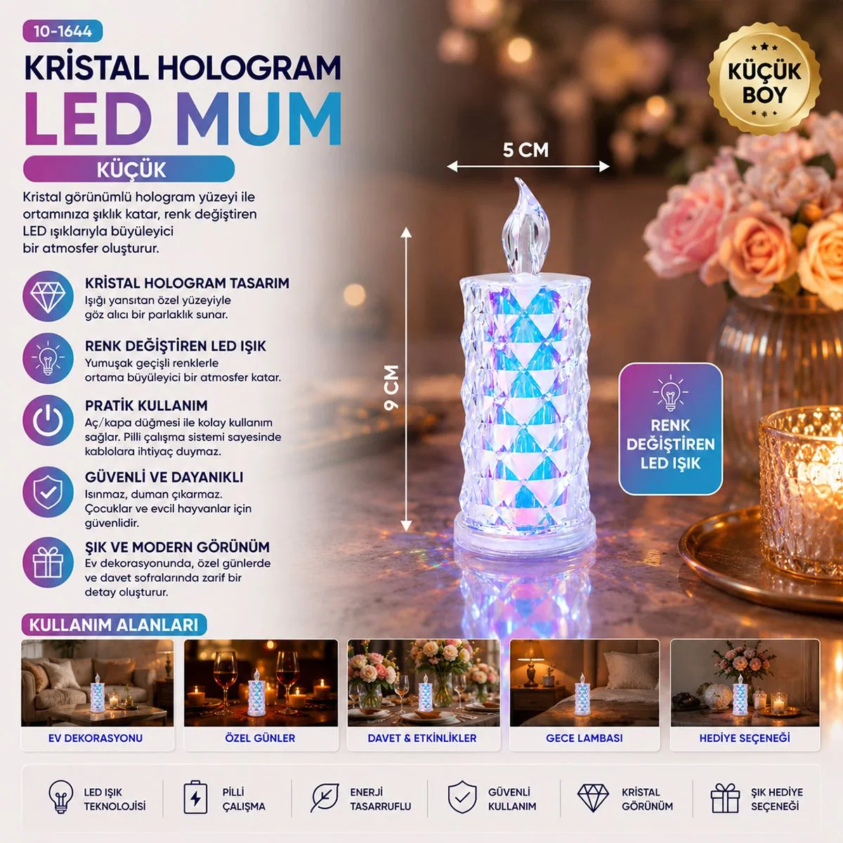 LED mum kristal plastik küçük boy pilli görsel 2