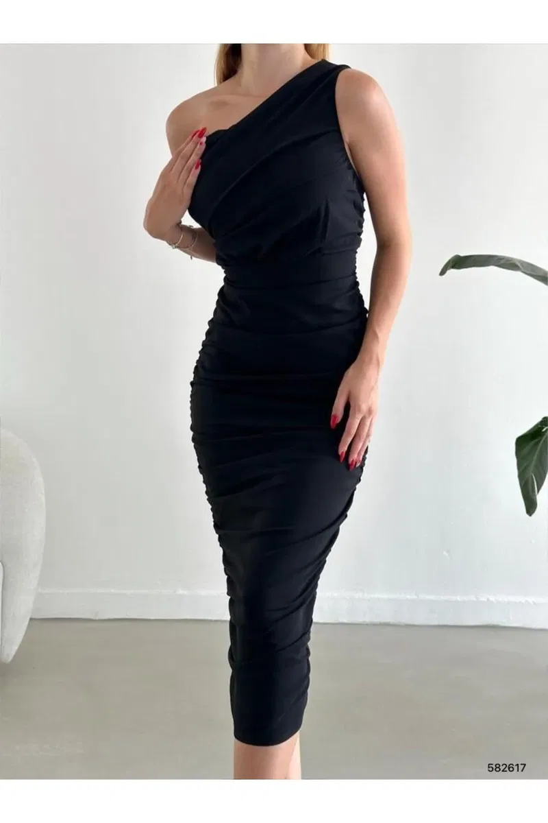 Kadın İnce Tek Omuz Tek Kol Krep Kumaş Bodycon Abiye Elbise görsel 2