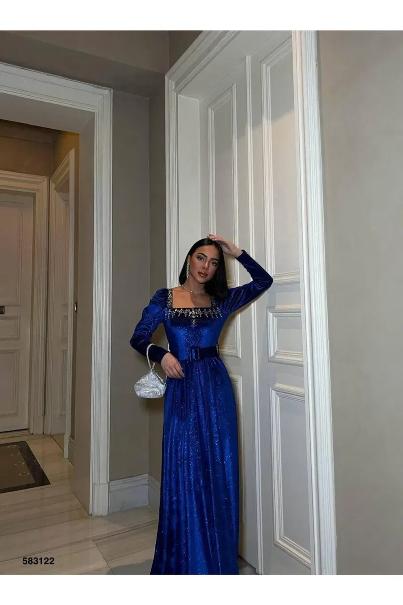 Kadın Vintage Kare Yaka Uzun Kol Abiye Elbise görsel 6