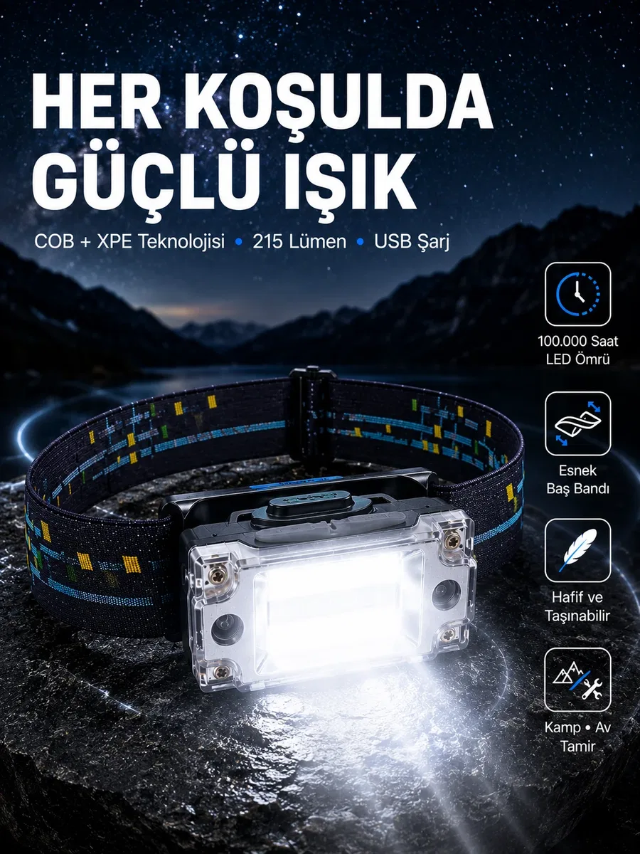 USB Şarjlı Mini LED KAFA Feneri 50m Odak 150m Geniş Aydınlatma Yeni Nesil