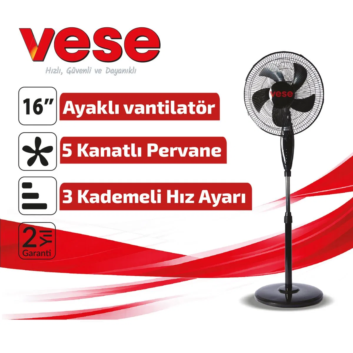 16 inç Ayaklı Vantilatör 45W 5 Kanat 3 Kademe görsel 2