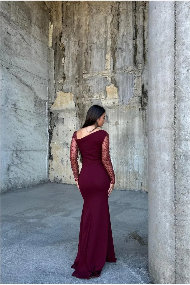 Kadın Trend Asimetrik Yaka Taş Detaylı Maxi Abiye Elbise görsel 4