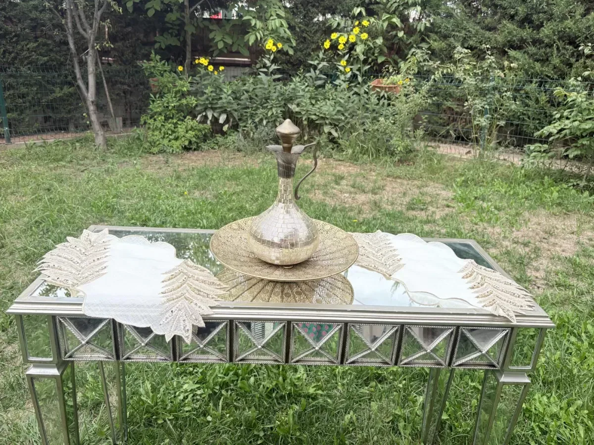 Boncuklu Taşlı Keten Livya Model El İşlemeli Şık Çeyizlik Salon Takımı 5 Parça Salon Takımı görsel 7