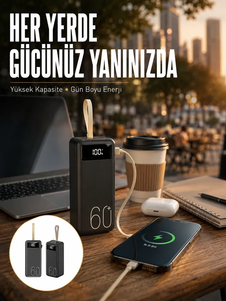 Powerbank 60. 000 Mah Taşınabilir Şarj Hızlı El Fenerli Dijital Göstergeli Yeni Nesil