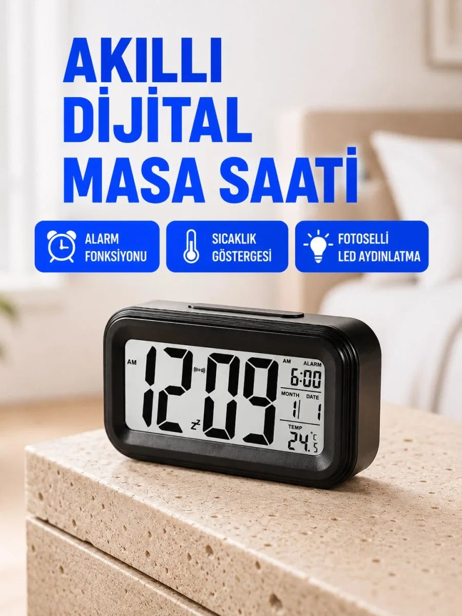 Fotoselli Dijital Masa Saati Aydınlatmalı Alarm Ve Tarih Göstergeli