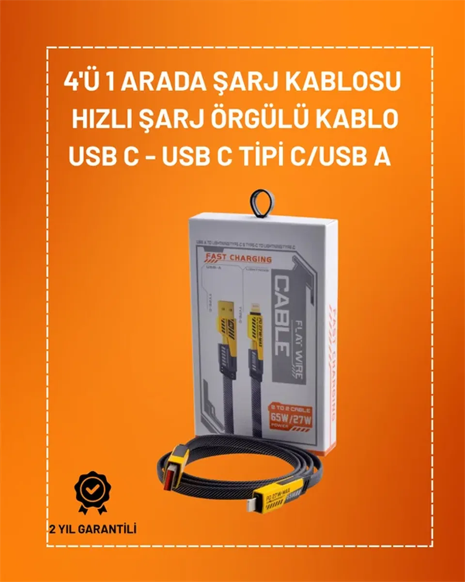 4'ü 1 Arada USB Hızlı Şarj ve Veri Kablosu – 65W Güç, Çoklu Bağlantı, 1. 2m