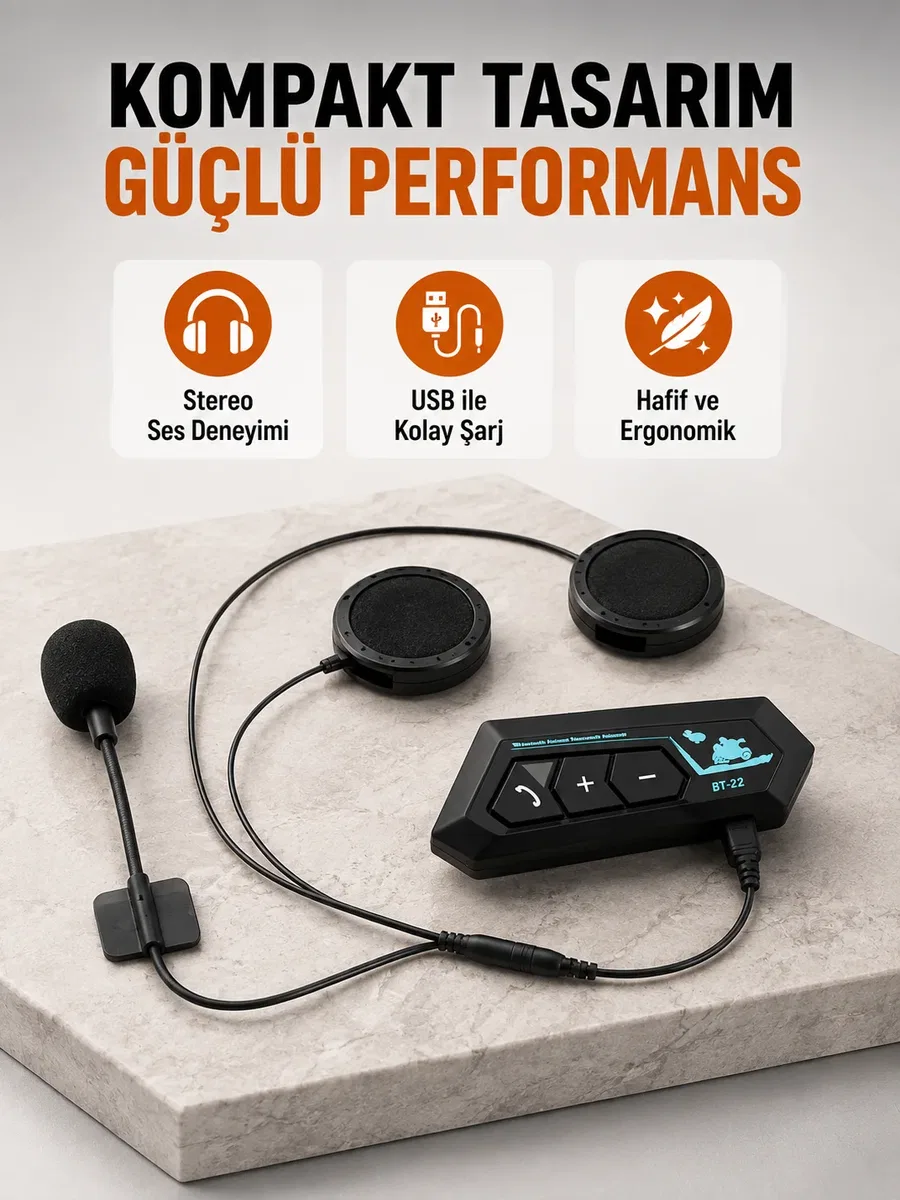 BT22 Kablosuz Kask Kulaklığı – Bluetooth 5. 0, Intercom, Su Geçirmez ve Uzun Ömürlü Batarya Yeni Nesil