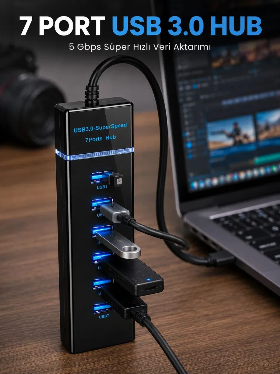 7 Port USB 3. 0 Çoklayıcı Hub 5Gbps Veri Aktarım Adaptörü