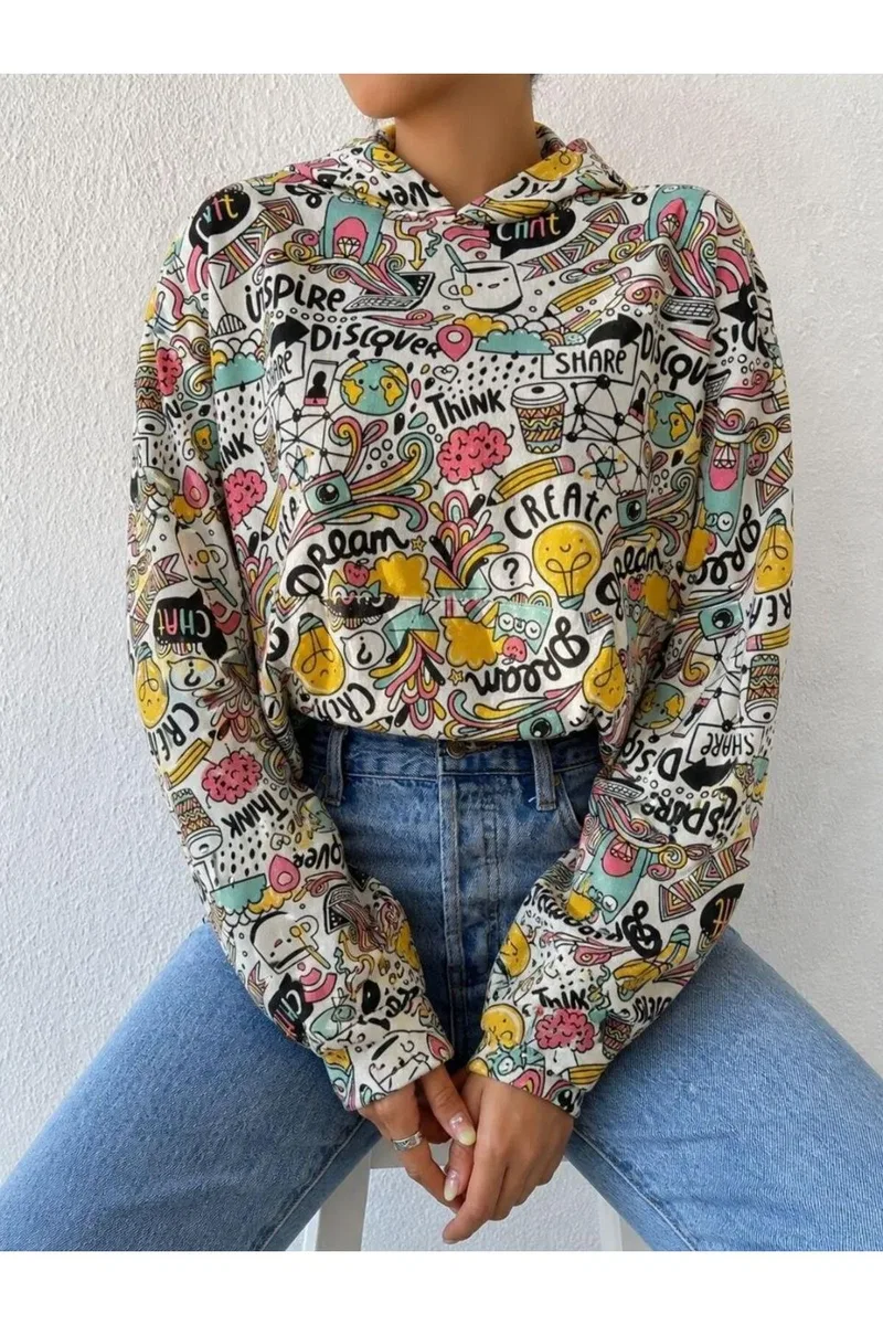 Kadın Zarif Detay Kapüşonlu Uzun Kol Renkli Jogger Sweatshirt görsel 2