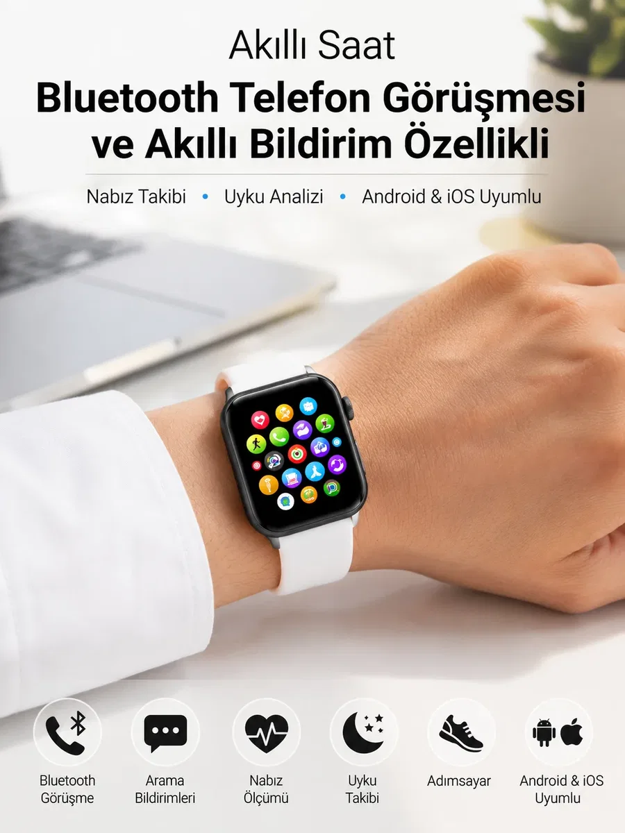 Nabız Ölçümü, Uyku Takibi ve Günlük Aktivite izi Sunan Zarif Tasarımlı Beyaz Akıllı Saat