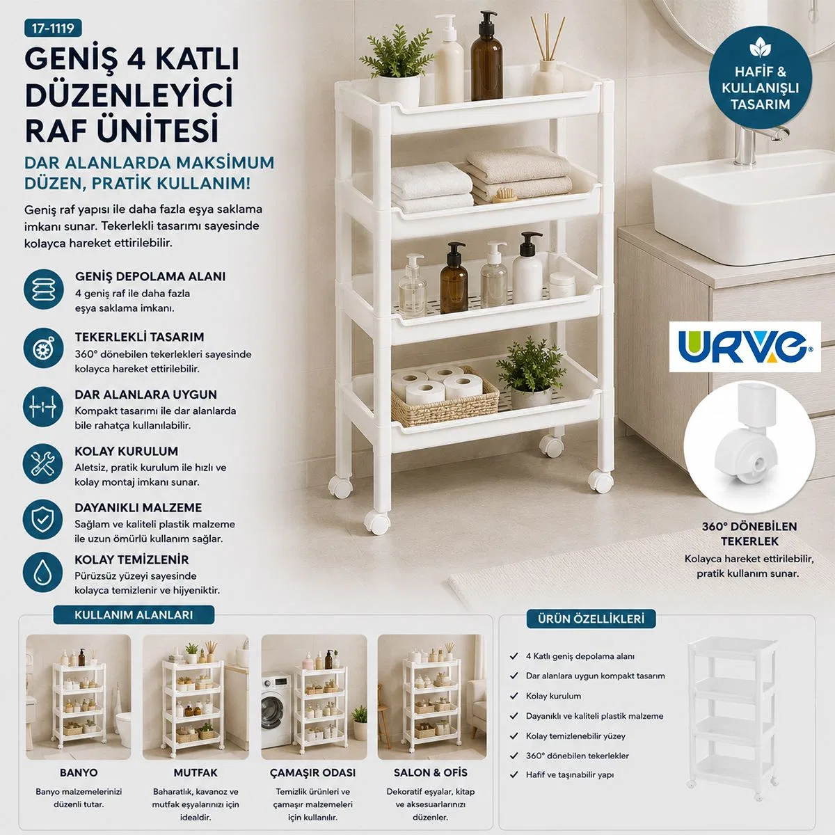 4 Katlı Tekerlekli Sepet Organizer 355x220x670 mm görsel 3