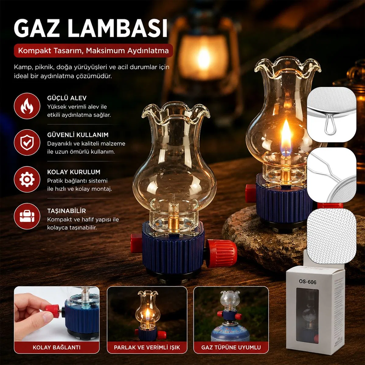 Dekoratif Taşınabilir Gaz Lambası - Cam Hazneli, Gaz Kartuş Uyumlu görsel 5