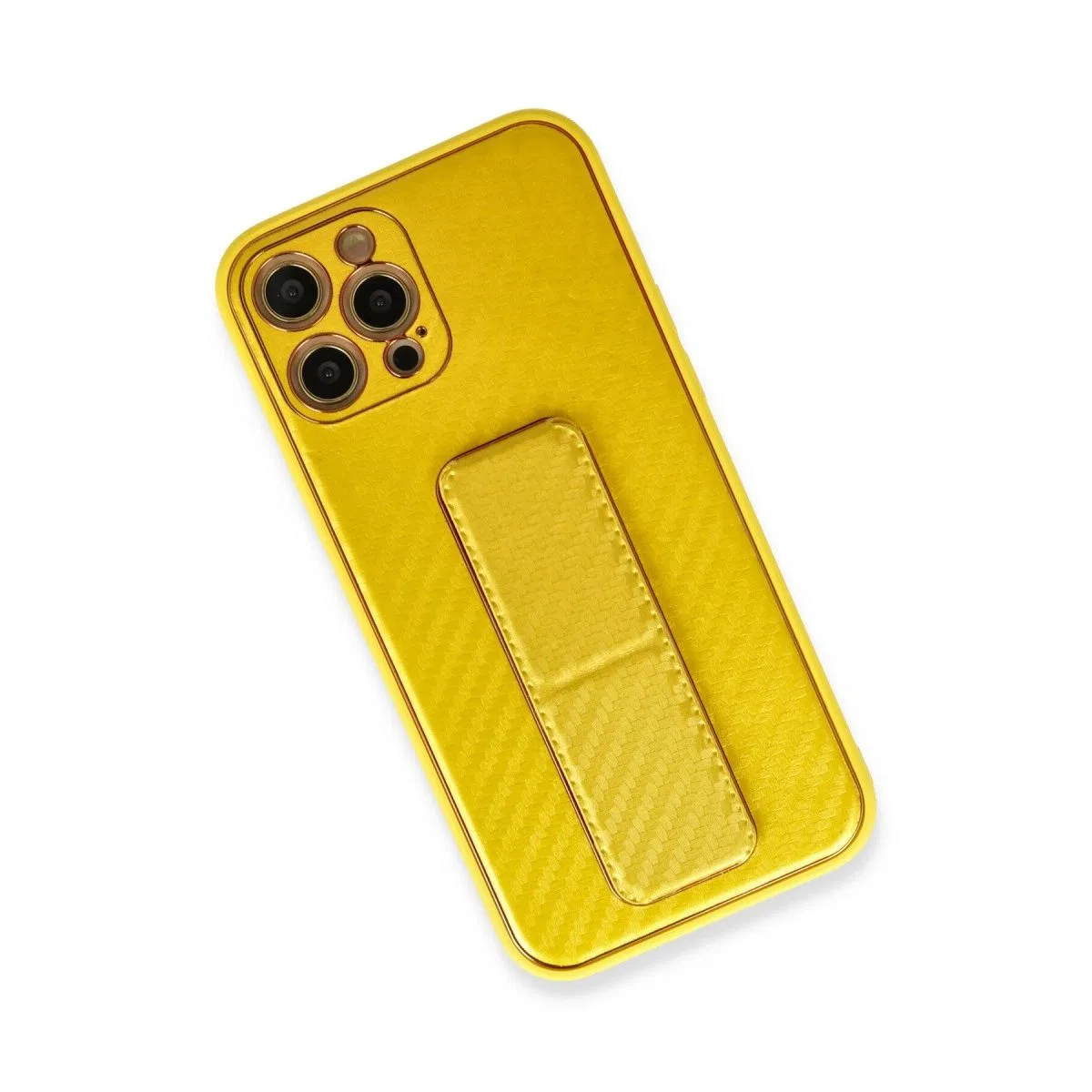 Apple İphone 12 Pro Kılıf Coco Karbon Standlı Kapak - Sarı görsel 3