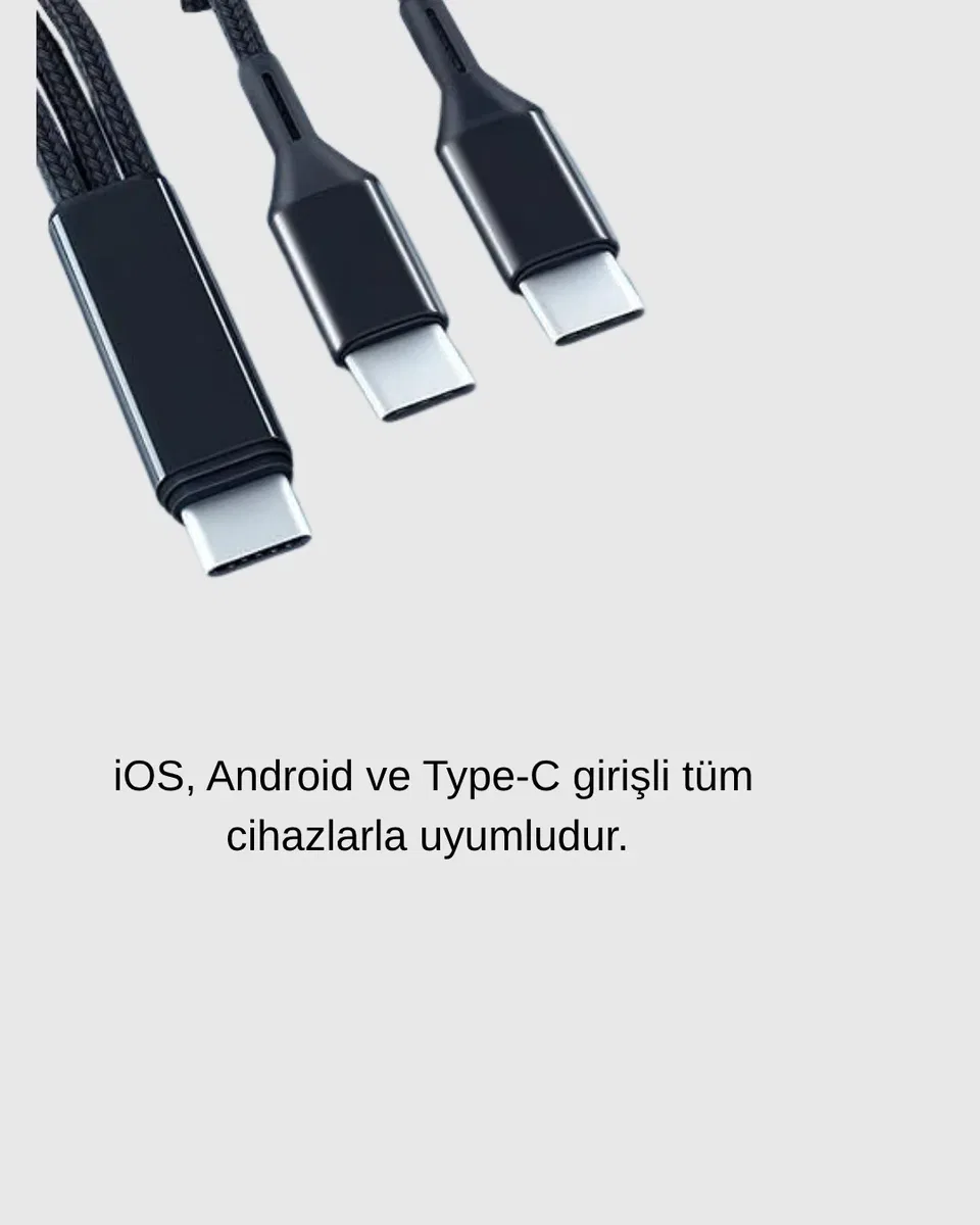 3’ü 1 Arada Şarj Kablosu Type-C iOS Android Uyumlu Hızlı ve Güvenli Şarj görsel 4