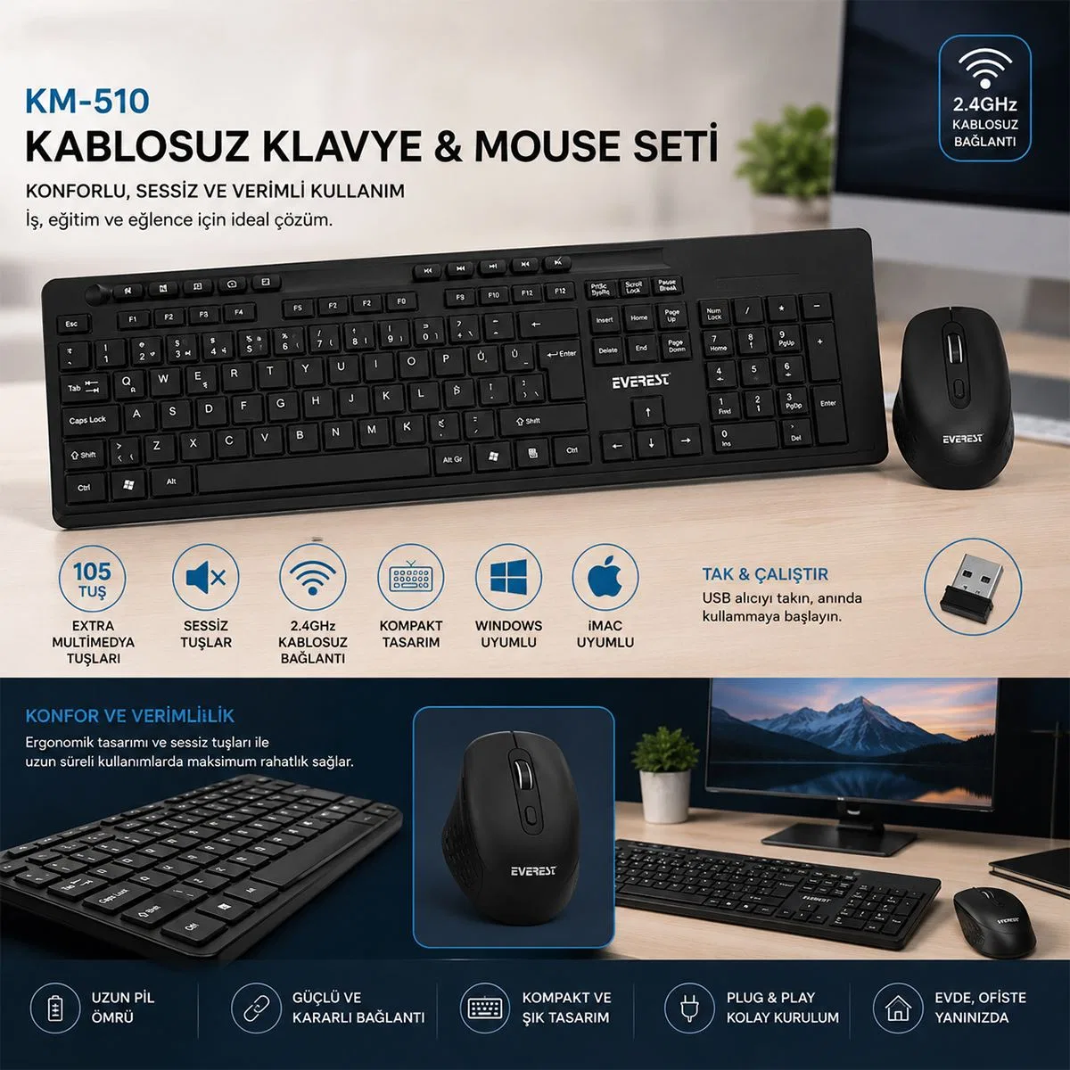 Kablosuz Multimedya Klavye ve Mouse Seti (Q Klavye) - Siyah görsel 3