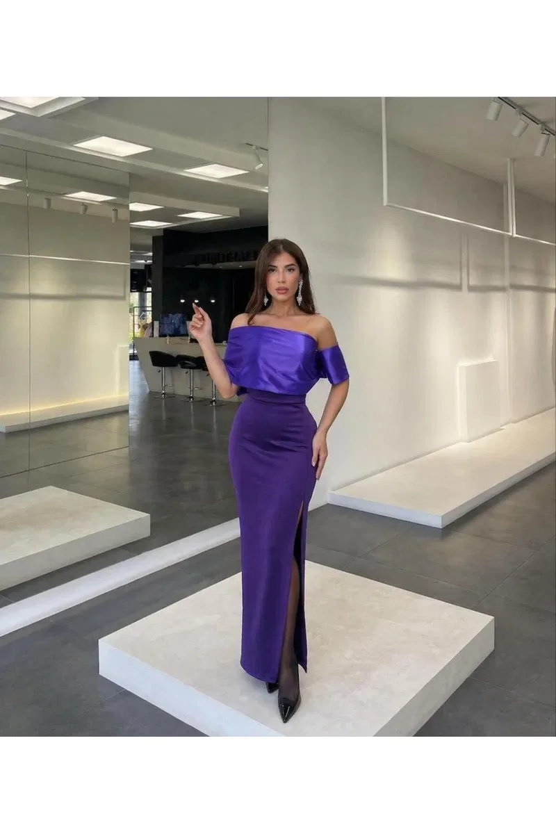 Kadın Şık Model Kayık Yaka Omzu Açık Gömlek Maxi Elbise görsel 4