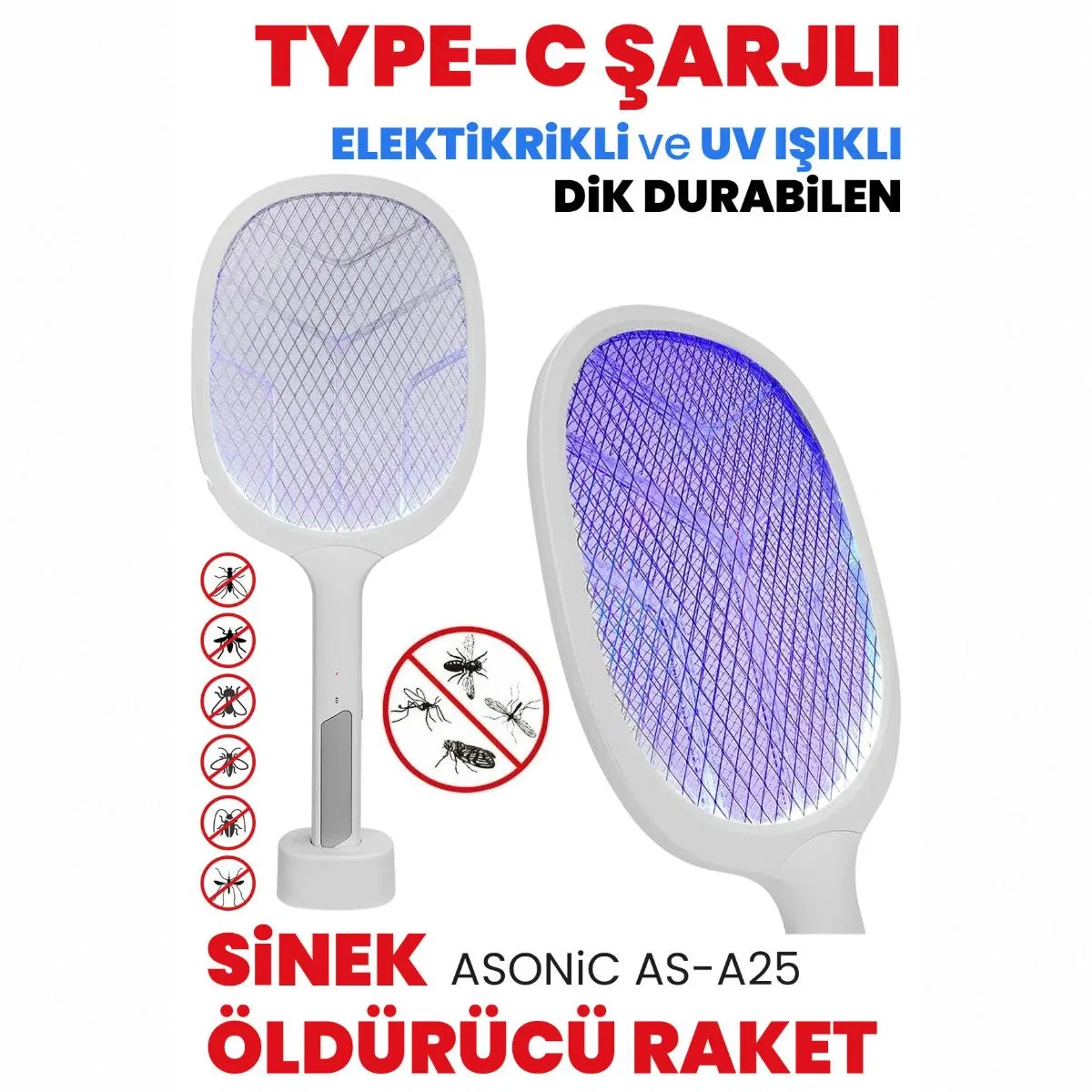 Elektronik Sinek Öldürücü Raket (Type-C Şarjlı) Beyaz/Gri görsel 2
