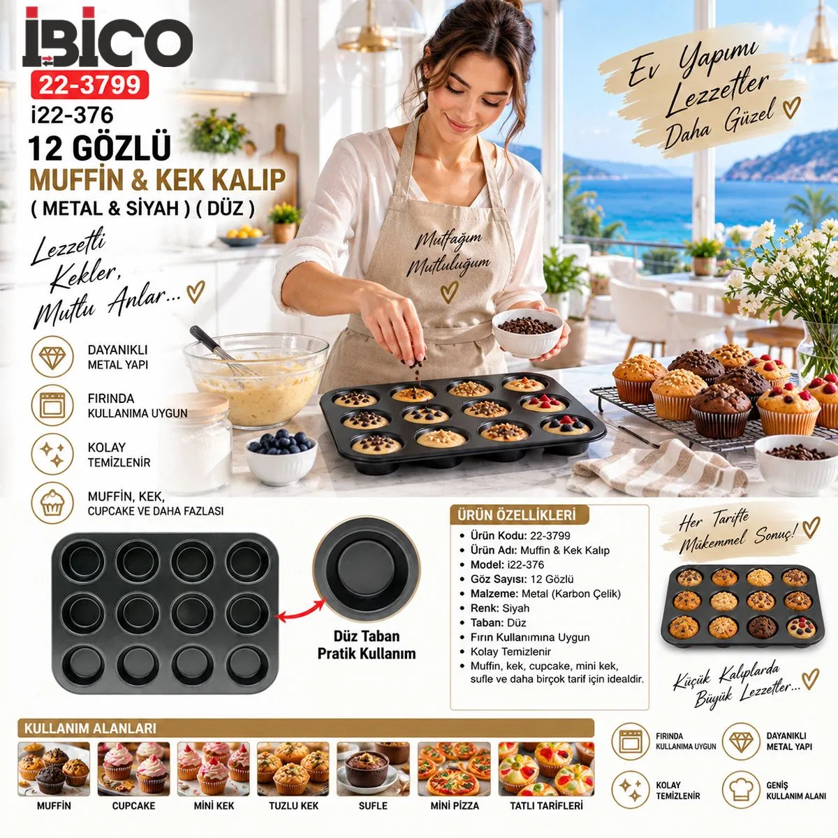 12 Gözlü Metal Muffin Kek Kalıbı - Siyah (Düz) görsel 5