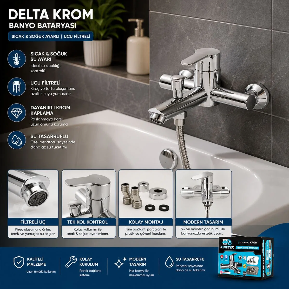 Krom Aç-Kapa Banyo Bataryası KTX-2640 görsel 3