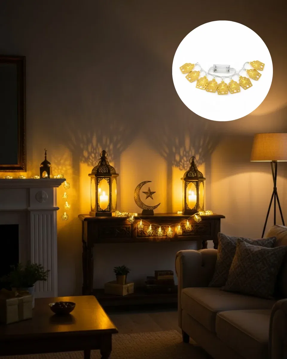Ev Dekoru İçin Ramazan LED Işık Pilli Sıcak Sarı Cami Figürlü görsel 2