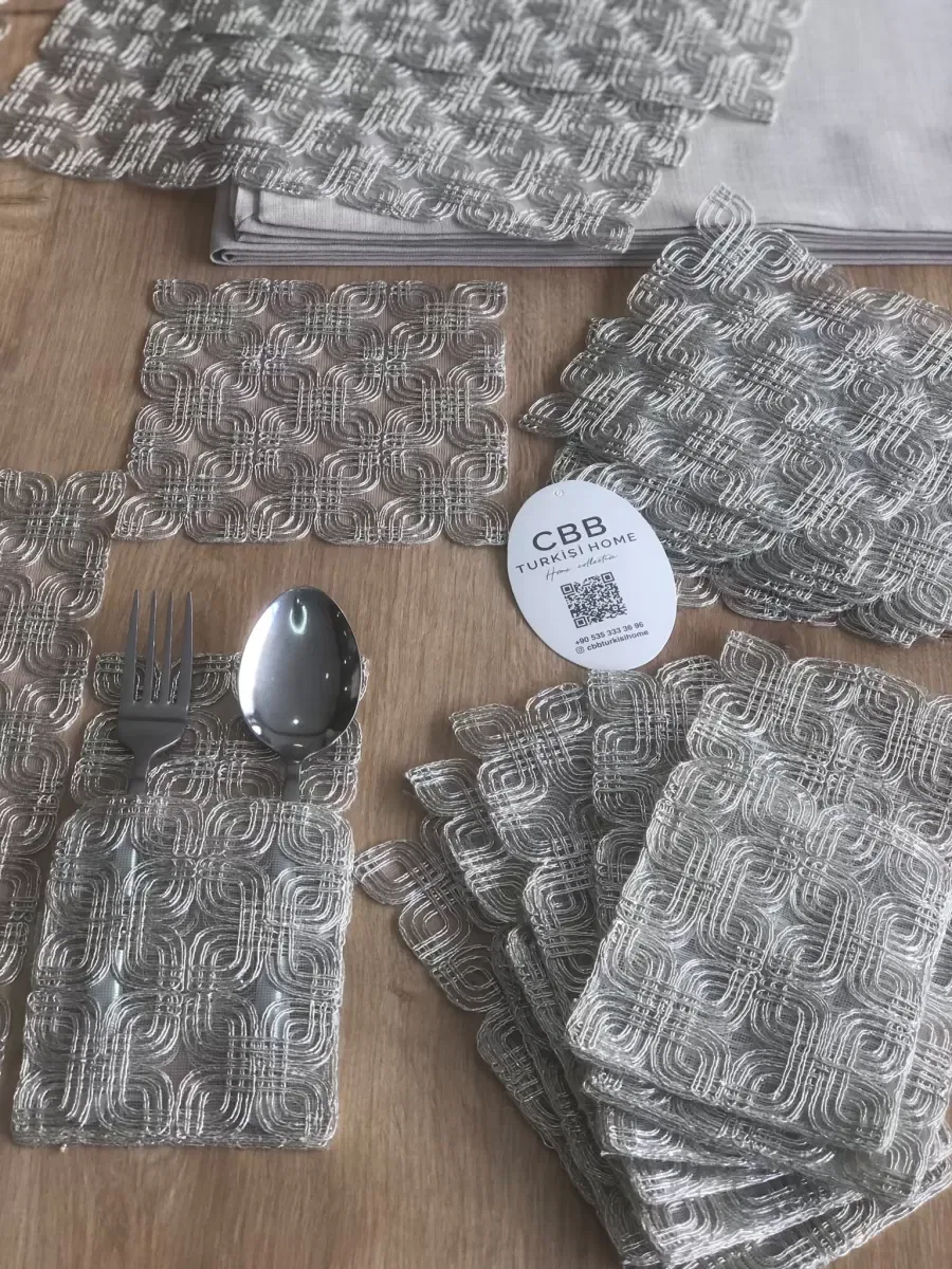 Sofra Takımı Orion Gardenya Keten Yemek Takımı 160x260 Masa Seti 26 Parça Runner Set Platin görsel 4