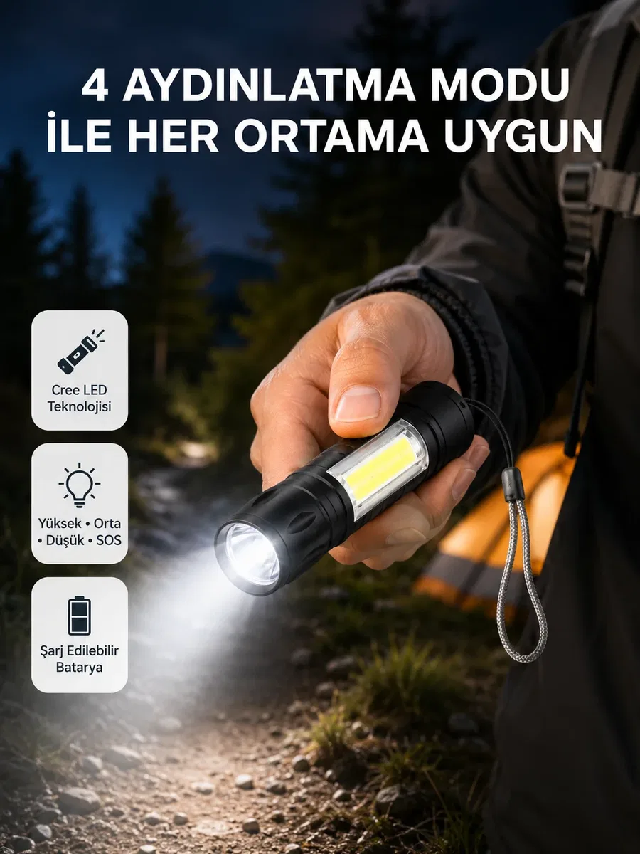 Ultra Dayanıklı 4 Mod Şarjlı Işıldak | Suya ve Darbeye Dayanıklı | 100. 000 Saat LED Ömrü