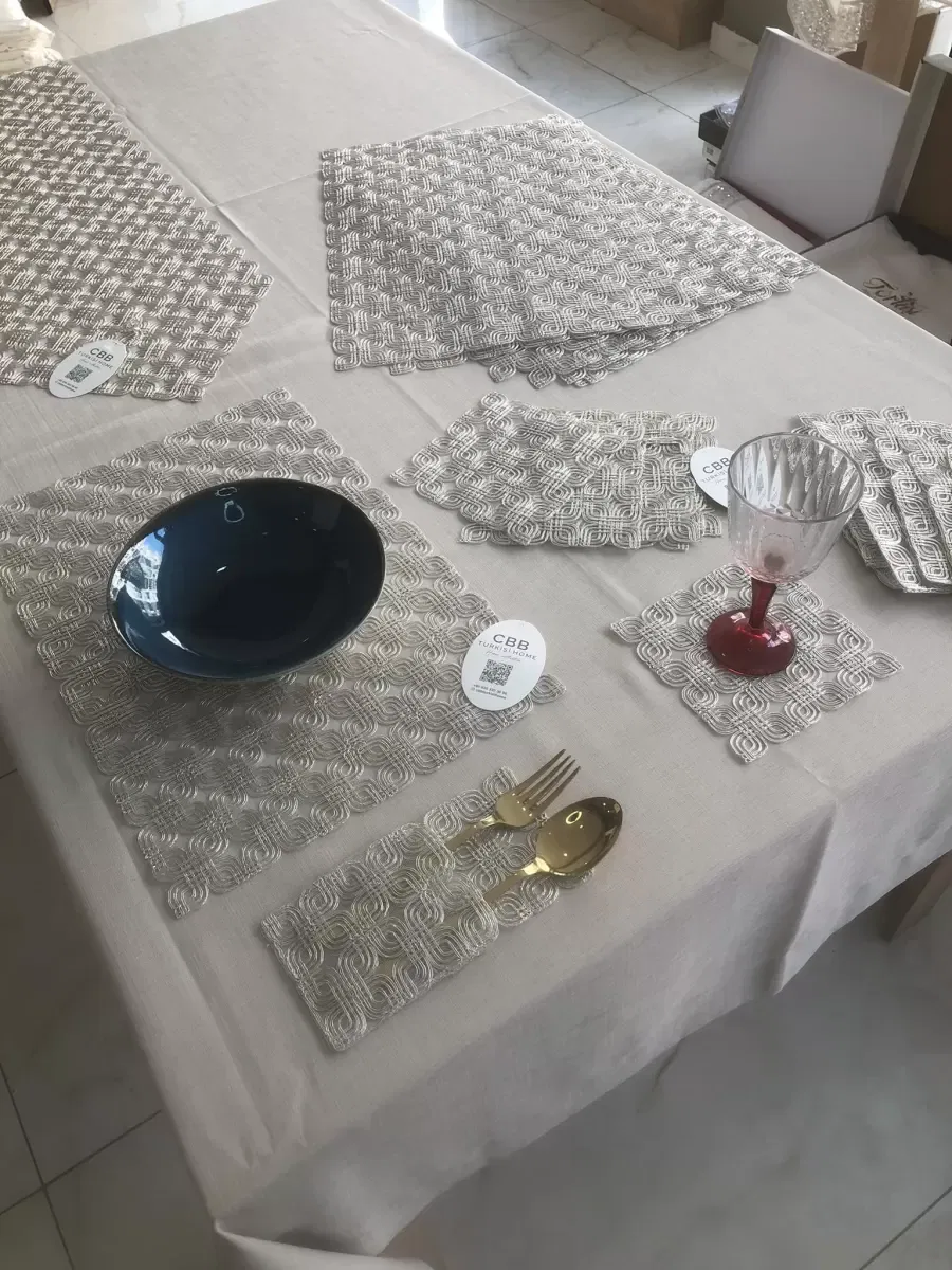Sofra Takımı Orion Gardenya Keten Yemek Takımı 160x260 Masa Seti 26 Parça Runner Set Platin görsel 6
