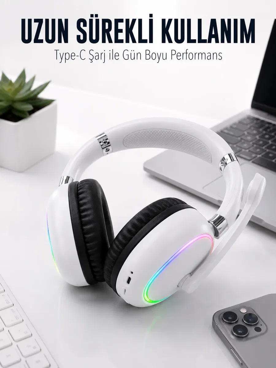Beyaz Bluetooth 5. 0 Mikrofonlu Kablosuz Kulak Üstü Kulaklık RGB Işıklı Type-C Şarjlı