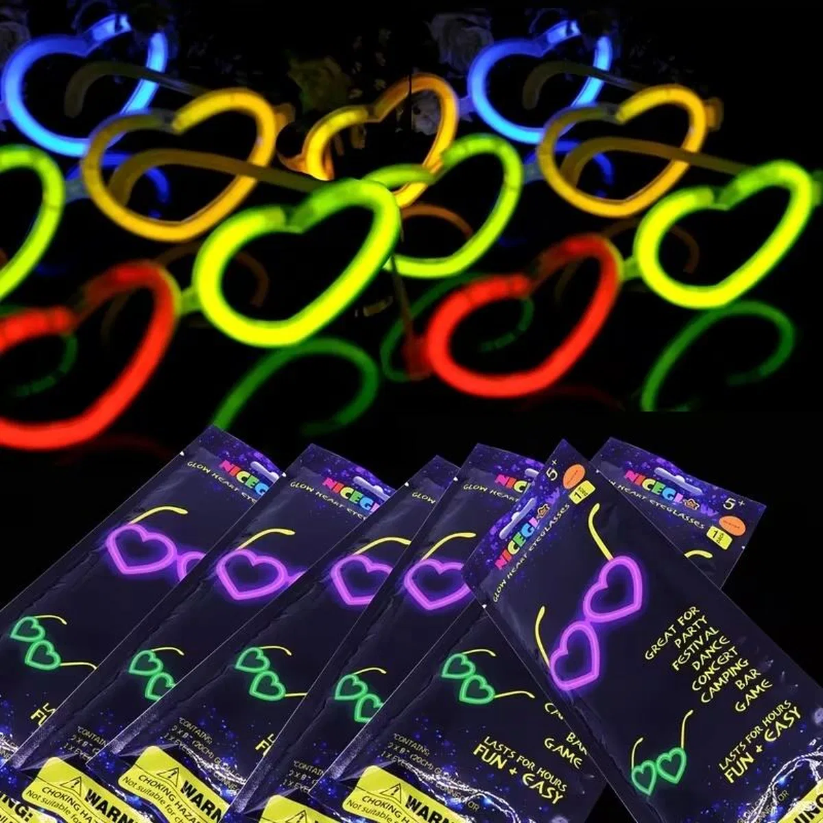 Glow Kalpli Fosforlu Gözlük 6’lı Renkli Set – Neon Parti görsel 4