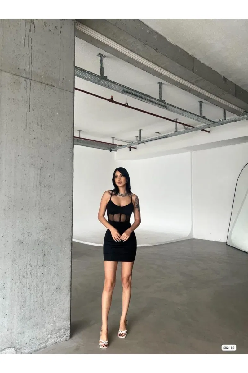 Kadın Tasarım V Yaka Askılı Bodycon Mini Elbise görsel 2