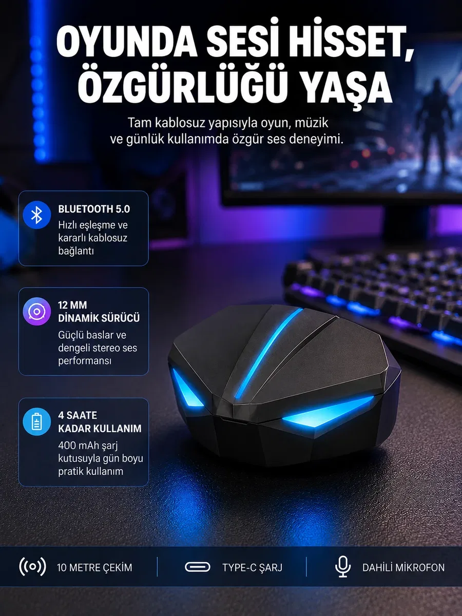 Tam Kablosuz Oyuncu Kulaklığı 5. 0 Bluetooth LED Kontrollü Yeni Nesil