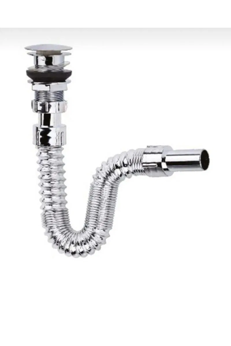Krom Basmalı Sifon -körüklü Sifon Bas Stoplu Lavabo Mutfak Sifonu-paslanmaz görsel 2
