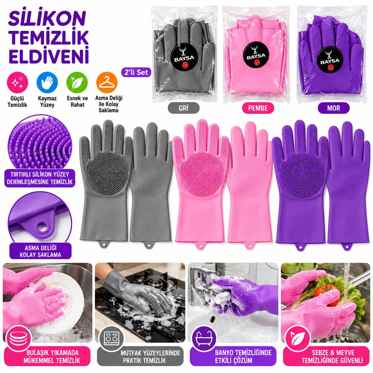 Renkli Silikon Tırtırlı Bulaşık Eldiveni (1 Adet) görsel 3