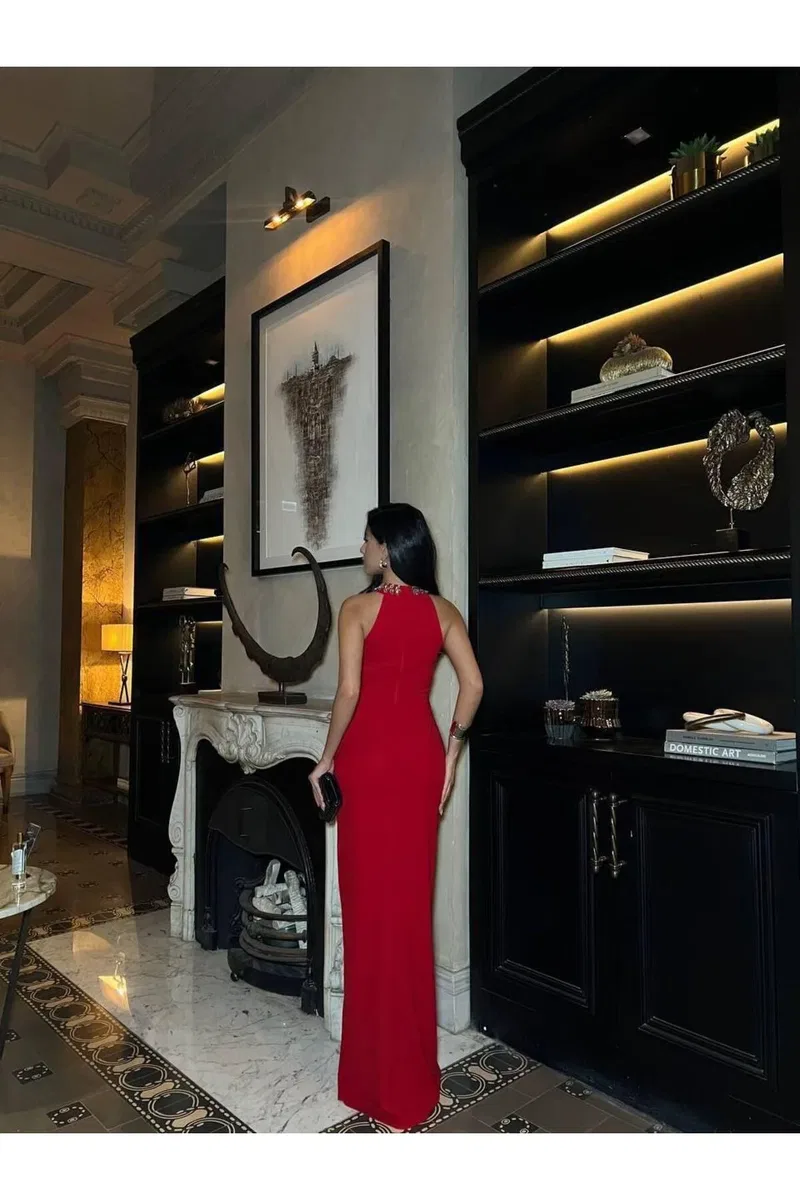 Kadın Şık Model V Yaka Standart Kol Krep Kumaş A Kesim Abiye Elbise görsel 8