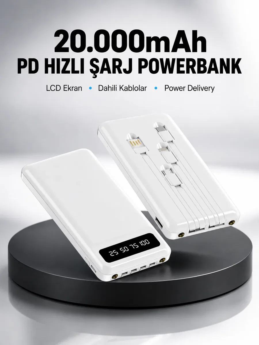 LED Işıklı 20. 000mAh Powerbank LCD Gösterge Dahili Çoklu Kablo Yeni Nesil