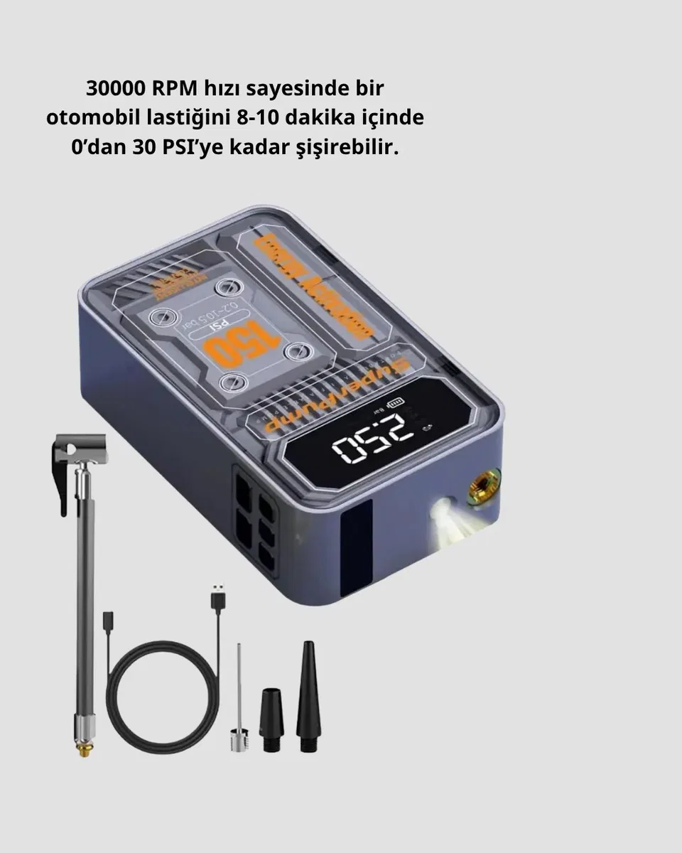 150 PSI Kablosuz Şarjlı Hava Pompası – LED Ekranlı ve Otomatik Kapanma Özellikli görsel 5