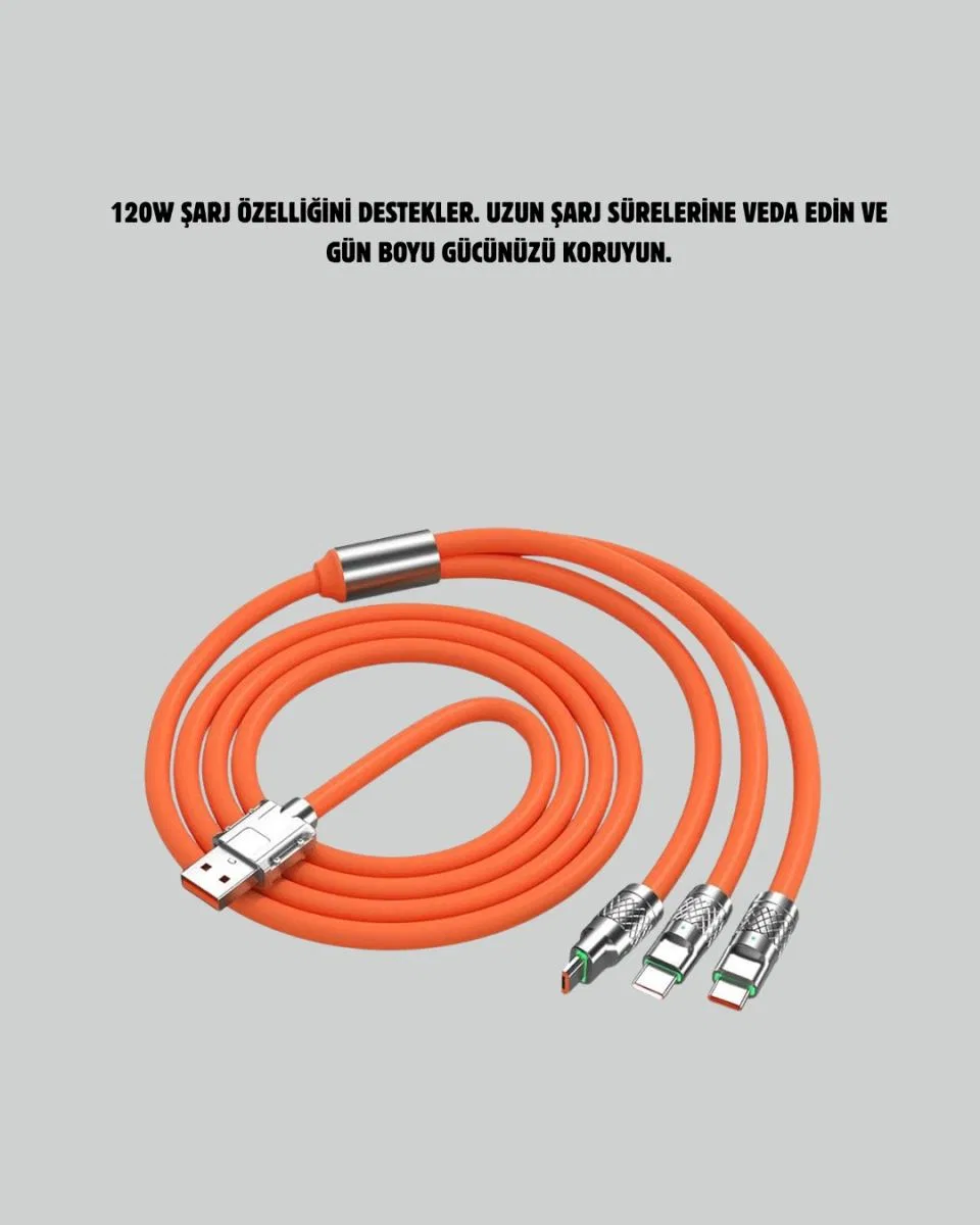 120 w Şarj Ve Veri Aktarımı Kablo– 3 Başlıklı Çok Amaçlı Kablo Yüksek Hızlı görsel 2