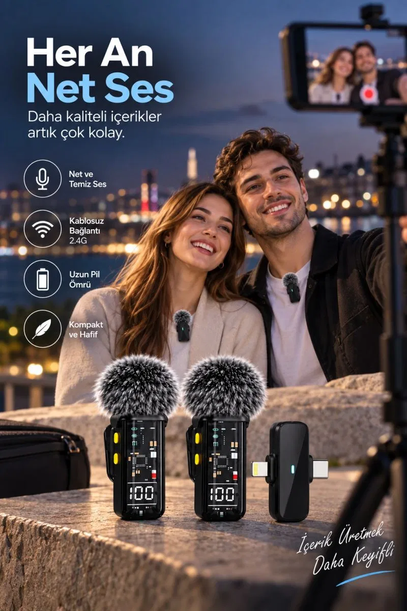 Kablosuz Çift Yaka Mikrofonu Gürültü Azaltma Ve Dijital Ekranlı