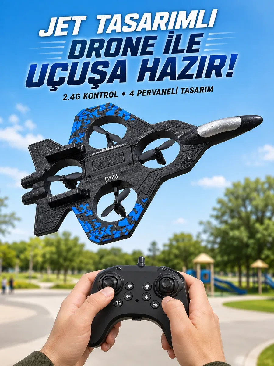 Jet Tasarımlı Uzaktan Kumandalı Drone 4 Pervaneli 2. 4G 360 Derece Takla LED Işıklı Uçak