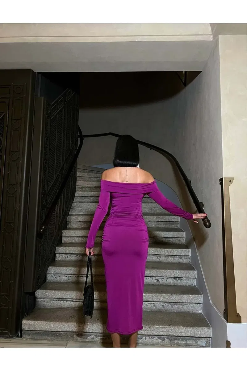 Kadın Modern Stil Kayık Yaka Uzun Kol Bodycon Midi Elbise görsel 4