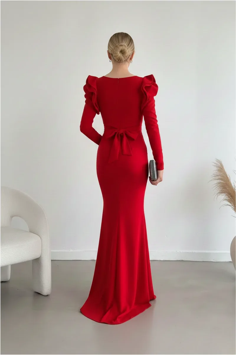 Kadın Kuşaklı Maxi Boy Krep Abiye Elbise görsel 4