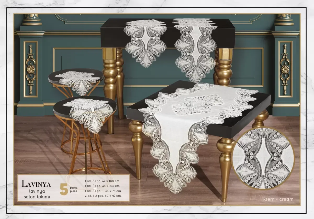 Lavinya Model Krem-Krem 5 Parça Keten Dantelli Runner Seti Salon Takımı görsel 6