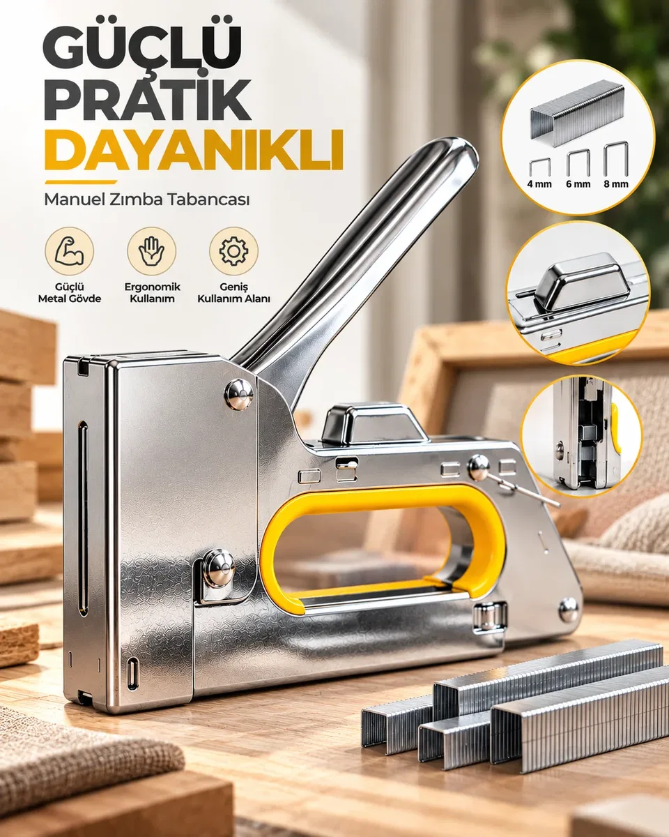 Güçlü Metal Gövdeli Manuel Zımba Tabancası No. 13 4-6-8 mm Döşeme Kumaş Ahşap Sabitleme